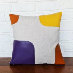 16x16'' Mid Century Design Burnt Orange-Purple-Yellow Faux Leather Linen Pillow Cover/Modern Scandinavian Houses-1Qty - thumbnail 2