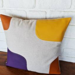 16x16'' Mid Century Design Burnt Orange-Purple-Yellow Faux Leather Linen Pillow Cover/Modern Scandinavian Houses-1Qty - thumbnail 3