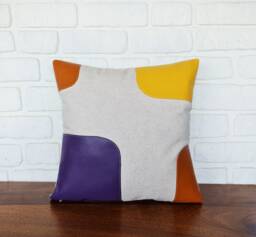 16x16'' Mid Century Design Burnt Orange-Purple-Yellow Faux Leather Linen Pillow Cover/Modern Scandinavian Houses-1Qty - thumbnail 1