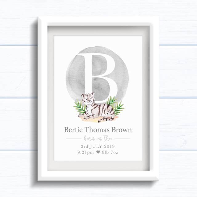 Personalised Baby Boy Gift With Birth Details. Tiger & Initial Print. 1st Birthday Present Or New Baby Gift - image 1