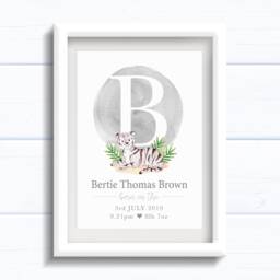 Personalised Baby Boy Gift With Birth Details. Tiger & Initial Print. 1st Birthday Present Or New Baby Gift - thumbnail 1