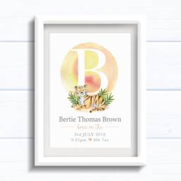 Personalised Baby Boy Gift With Birth Details. Tiger & Initial Print. 1st Birthday Present Or New Baby Gift - thumbnail 3