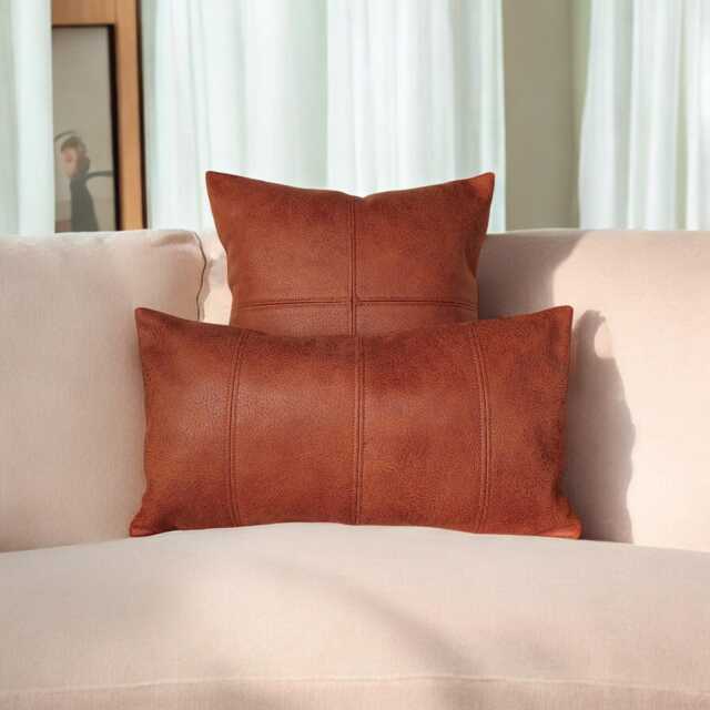 Brown Vegan Leather Lumbar Pillow Scandinavian Stitched Cushion - image 1