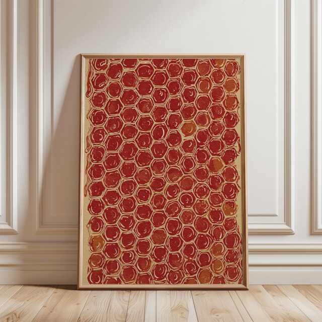 Abstract Red Honeycomb Poster - Terracotta Geometric Hexagon Art Vertical Organic Wall Decor - image 1