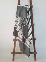 Black White Fouta Towel - Organic Cotton Bath Sheet Spa Camping Daily Grey Stripe Turkish - thumbnail 1