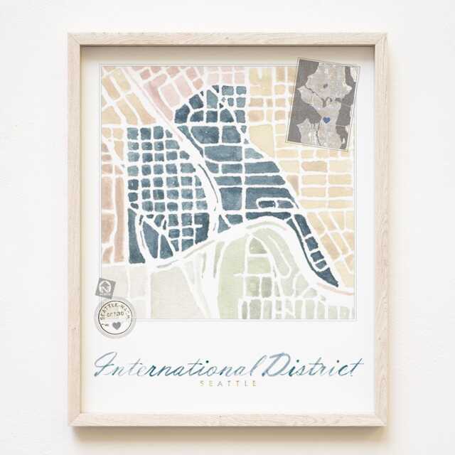 International District Seattle Neighborhood Map Watercolor Print Washington City Block Plan - Art Print Downtown Wall Realtor - image 1