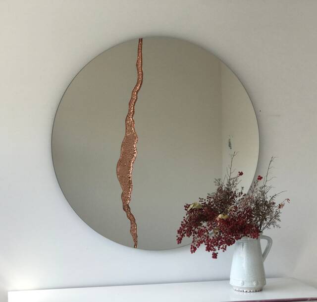 Fracture??? Handcrafted Round Mirror With Copper Detail - Modern Frameless Design - image 1