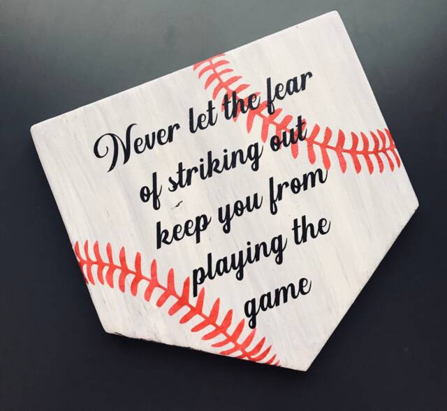 Baseball Decor, Never Let The Fear Quote, Wood Plaque, Rustic Wall Hanging, Home Plate, Mom Gift, Coach Softball Tball - image 1