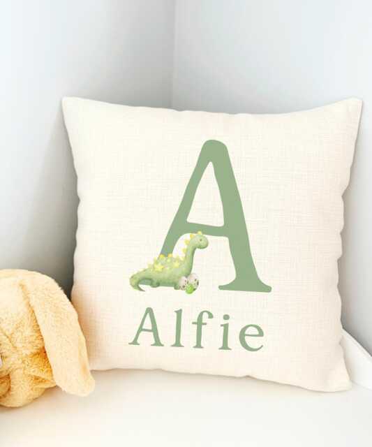 Personalised Green Dinosaur Cushion, Dino Bedroom Decor, Cushion Cover, Accessories, Boy Name - image 1