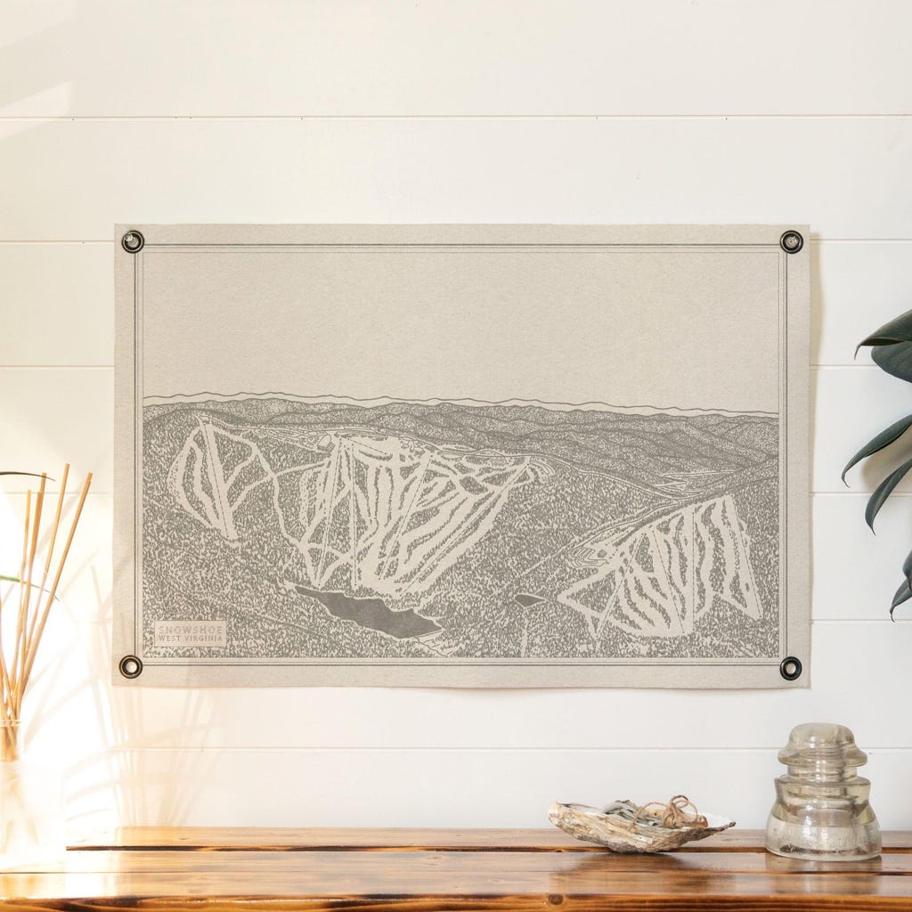 Snowshoe West Virginia Mountain Map Felt Poster Banner Vintage