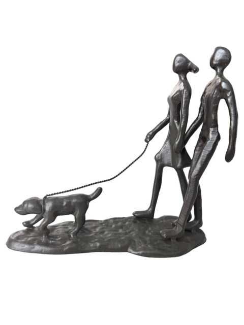 Modern Metal Sculpture Couple Walking The Dog Castiron Shadow Art Decor Abstract Man Woman Valentine's Day Anniversary Birthday Housewarming - image 1