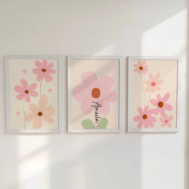 Pink Flower Personalised Set Of 3 Girls Prints, Kids Custom Name Posters, Decor Framed Wall Art Gift For Nursery, Bedroom Or Playroom - image 1