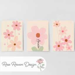 Pink Flower Personalised Set Of 3 Girls Prints, Kids Custom Name Posters, Decor Framed Wall Art Gift For Nursery, Bedroom Or Playroom - thumbnail 3