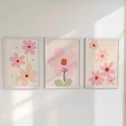 Pink Flower Personalised Set Of 3 Girls Prints, Kids Custom Name Posters, Decor Framed Wall Art Gift For Nursery, Bedroom Or Playroom - thumbnail 1