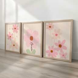 Pink Flower Personalised Set Of 3 Girls Prints, Kids Custom Name Posters, Decor Framed Wall Art Gift For Nursery, Bedroom Or Playroom - thumbnail 2