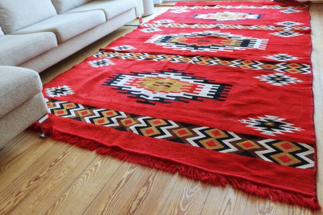 Red Chenille Kelim Rug, Geometric Ornament Carpet, 200x300cm - image 1