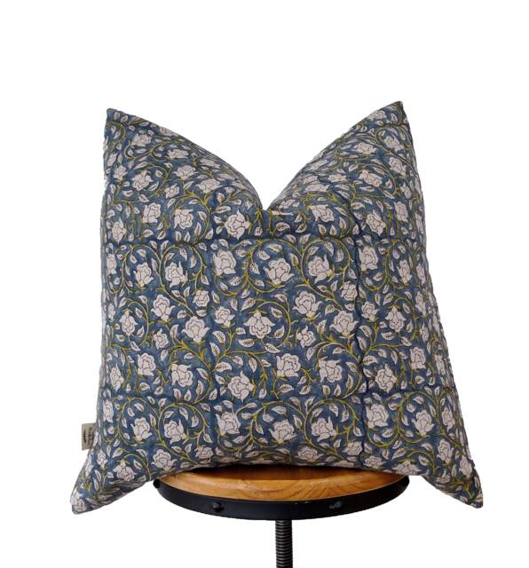 Hand Block Print Linen Pillow Cover Antique Floral Design - image 1