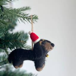 Felt Dachshund Dog Christmas Ornament With Hat, Ornament, Biodegradable Tree Hanging Decoration, Fair Trade