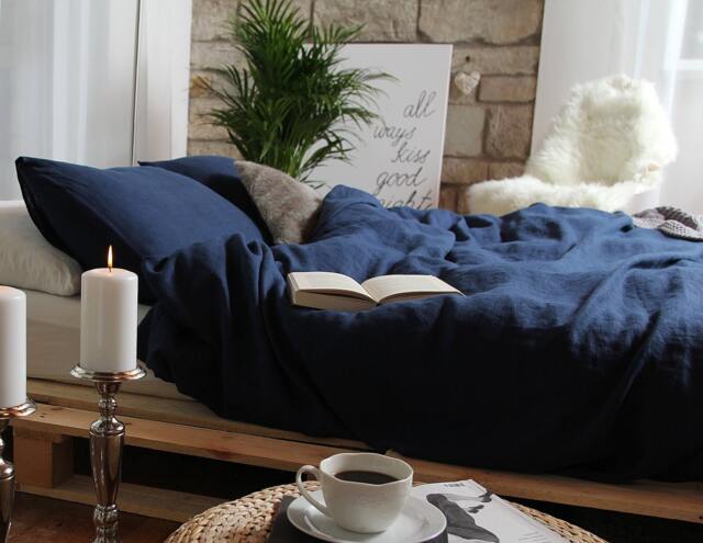 Navy Blue Softened Linen Duvet Cover Set, Duvet Cover With 2 Pillowcases, Full Size, Queen King Size - image 1