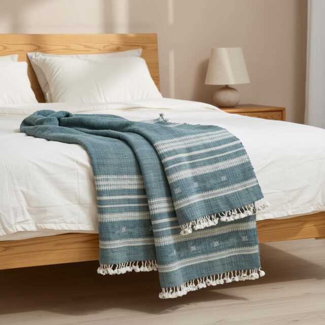 Vibrant Teal Indian Wool Throw Blanket, Handwoven Sofa Coverlet With Boho Reading Accent - Neelam - image 1