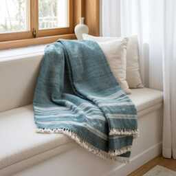 Vibrant Teal Indian Wool Throw Blanket, Handwoven Sofa Coverlet With Boho Reading Accent - Neelam - thumbnail 3