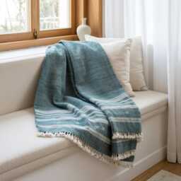 Vibrant Teal Blue Indian Wool Throw Blanket, Handwoven Boho Sofa Cover & Bed Runner - Neelam - thumbnail 3
