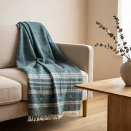 Vibrant Teal Indian Wool Throw Blanket, Handwoven Sofa Coverlet With Boho Reading Accent - Neelam - thumbnail 4