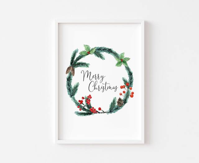 Christmas Wreath Merry Print - Prints Wall Art Decor Xmas Watercolour Gift Seasonal