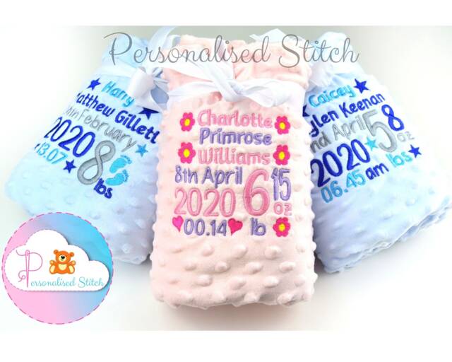 Personalised Embroidered Baby Blanket - Rosebud Knit Name Customised New Born Gift Girl & Boy Pink Grey Blue Cot - image 1