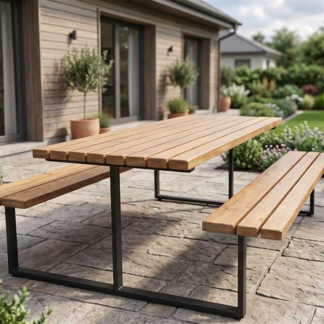 Rustic Slatted Outdoor Picnic Table With Fixed Benches - image 1