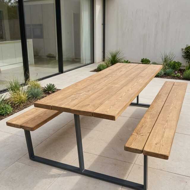 Rustic Slatted Outdoor Picnic Table With Fixed Benches - image 1
