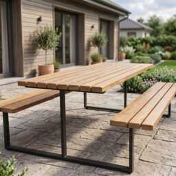 Rustic Slatted Outdoor Picnic Table With Fixed Benches