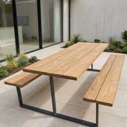 Rustic Slatted Outdoor Picnic Table With Fixed Benches