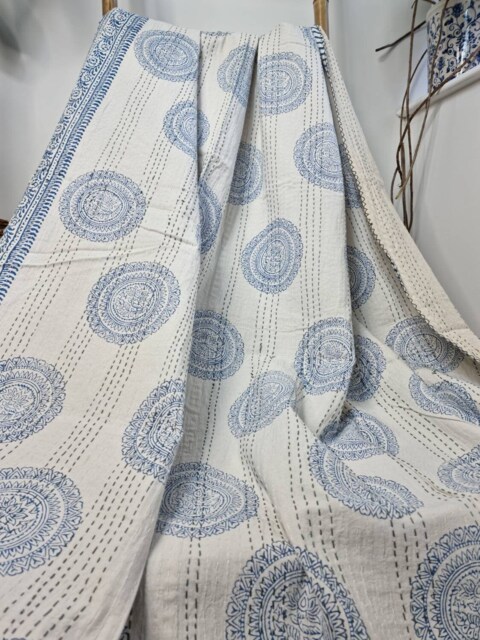 Kantha Stitch Pure Cotton Reversible Bed/Sofa Throw King Size - Handmade Handprinted Floral Dohar White Sky Blue Mandala Twirl Border - image 1