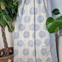 Kantha Stitch Pure Cotton Reversible Bed/Sofa Throw King Size - Handmade Handprinted Floral Dohar White Sky Blue Mandala Twirl Border - thumbnail 3