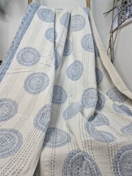 Kantha Stitch Pure Cotton Reversible Bed/Sofa Throw King Size - Handmade Handprinted Floral Dohar White Sky Blue Mandala Twirl Border - thumbnail 1