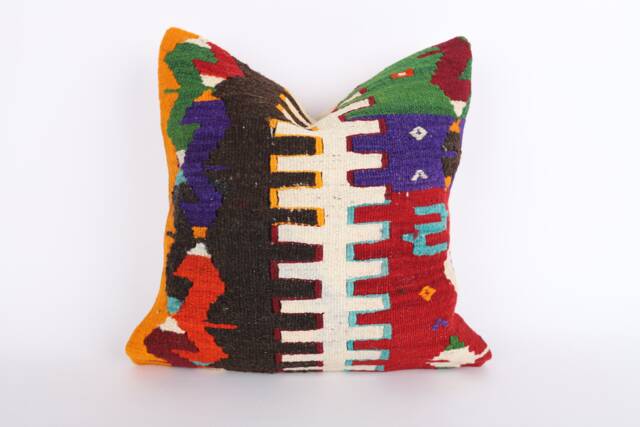 Vintage Turkish Kilim Pillow Cover Handwoven Wool Cushion - 16x16 - image 1