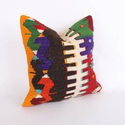 Vintage Turkish Kilim Pillow Cover Handwoven Wool Cushion - 16x16 - thumbnail 3