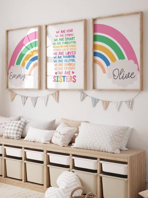Set Of 3, Girls Bedroom Decor, Rainbow Prints, Colourful, Affirmation Nursery Playroom Wall Art, Big Sis Lil - image 1
