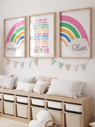 Set Of 3, Girls Bedroom Decor, Rainbow Prints, Colourful, Affirmation Nursery Playroom Wall Art, Big Sis Lil - thumbnail 1