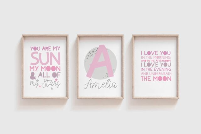 Girls Nursery Prints, Wall Art, Space Moon Stars, Bedroom Quotes, Bedroom, Set Of 3 - image 1