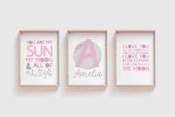 Girls Nursery Prints, Wall Art, Space Moon Stars, Bedroom Quotes, Bedroom, Set Of 3 - thumbnail 1