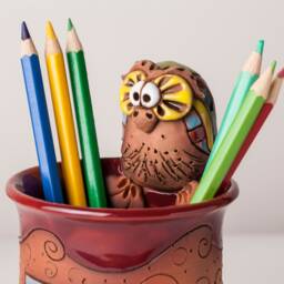 Handmade Ceramic Pen/Pencil Holder, Owl Design, Pencil Box With Fun Animals, Christmas Gift For Kids Organizing - thumbnail 2