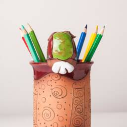Handmade Ceramic Pen/Pencil Holder, Owl Design, Pencil Box With Fun Animals, Christmas Gift For Kids Organizing - thumbnail 3