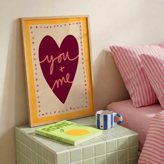You & Me Heart Print, Hand-Drawn Bedroom Artwork, Pink & Yellow Retro Wall Art - image 1