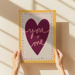 You & Me Heart Print, Hand-Drawn Bedroom Artwork, Pink & Yellow Retro Wall Art - thumbnail 3