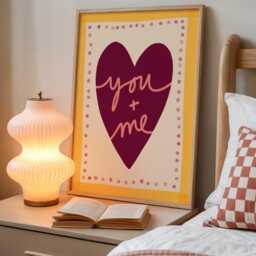 You & Me Heart Print, Hand-Drawn Bedroom Artwork, Pink & Yellow Retro Wall Art - thumbnail 2