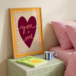 You & Me Heart Print, Hand-Drawn Bedroom Artwork, Pink & Yellow Retro Wall Art - thumbnail 1