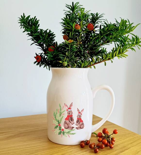Festive Rabbits Christmas Ceramic Vase - Rabbit Decoration Flower Jug Decor - image 1