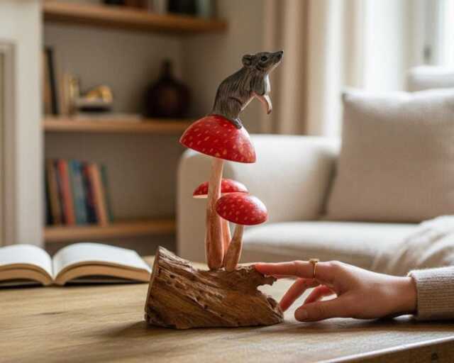Wooden Mouse On Mushroom 9 Inch/22 cm, Figurine, Statue, Anniversary Gift, Wedding Patio Decor, Office Decor, Unique Gift - image 1